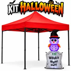 JARDIMEX - Kit Halloween Carpa Plegable Roja 3x3 m + Inflable Búho Tumba LED 120 cm