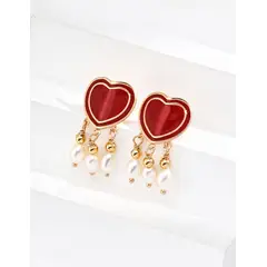 YONG JUN - Aros de Plata 925 con Perlas Naturales, Esmalte y Corazón