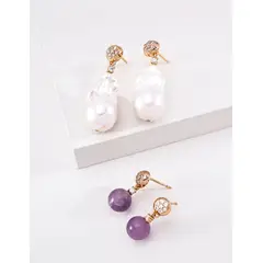 XIAOWEI - Aros con Perlas Barrocas, Amatista y Cristales para Mujer