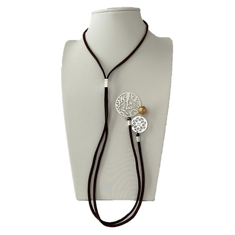 GAB JOYAS - Collar Gamuza Café Aplicaciones Baño Plata