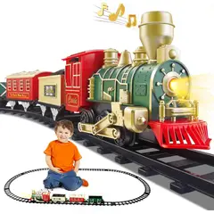 KUANGYE - Tren Juguete Eléctrico Trens para Niños con Sonido Luces Locomotora Vagones Vías Carga Navidad