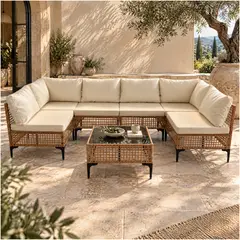 HOMER DESIGN - Juego Modular De Terraza Fiorella 7 Piezas Con Mesa Ratán Marrón