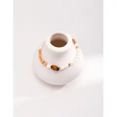 XIAOWEI - Pulsera con Perlas Ajustable y Ojo de Tigre Acabado Dorado