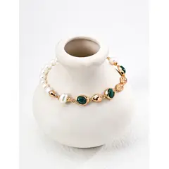 EMPOLI - Pulsera de Plata 925 con Perlas Naturales y Malaquita Ajustable