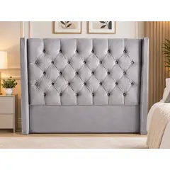 GENERICO - Respaldo de Cama 2 Plazas Capitoné con Alas Tapizado en Felpa Gris Medio 150x130 cm