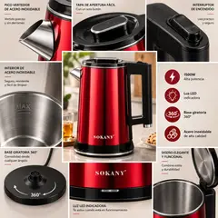 SOKANY - Hervidor Eléctrico SK-09099 Acero Inoxidable 2.5L Rojo