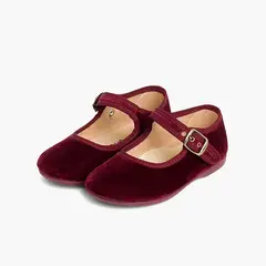 PISAMONAS - Zapato Niña Bailarina Terciopelo con Hebilla Burdeos