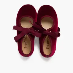 PISAMONAS - Zapato Niña Bailarina Terciopelo con Moño Burdeos