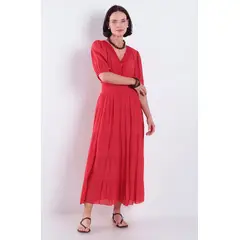 WADOS - VESTIDO MANGA 3/4 SOLIDO ESCOTE V Y CINTURA ELASTICADA