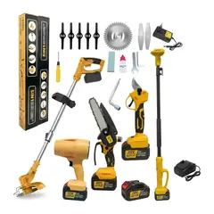 NOVYSTOR - Kit Herramientas Inalámbricas Jardinería 5en1 Motosierra Orilladora Soplador 2 Baterías Amarillo