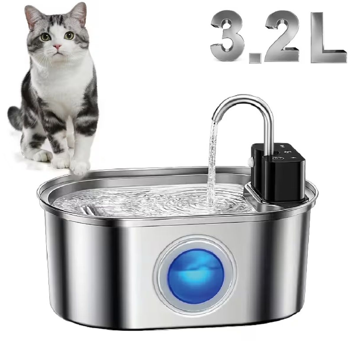 RAGNAR - Bebedero Inteligente para Mascotas 3,2 L – Acero Inoxidable, Sensor y Batería Recargable