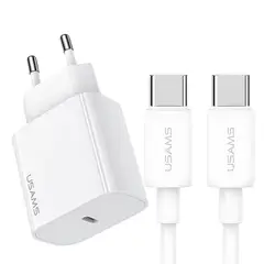 USAMS - Cargador Adaptador Usb C 20W Con Cable Usb C 60W Carga Rapida Tz01 Blanco
