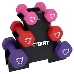 OVERFIT - Mancuernas Pesas Hexagonales Neopreno Set 3 Pares 12 Kg Con Rack