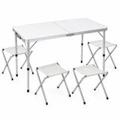 ACTUAL - Set Mesa Plegable Portátil Camping Picnic 120x60 cm Altura Regulable + 4 Sillas Plegables