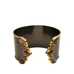 VANE COLLECTION - Pulsera esclava mujer hecha a mano abierta acero baño oro, rodio y piedras labradorita