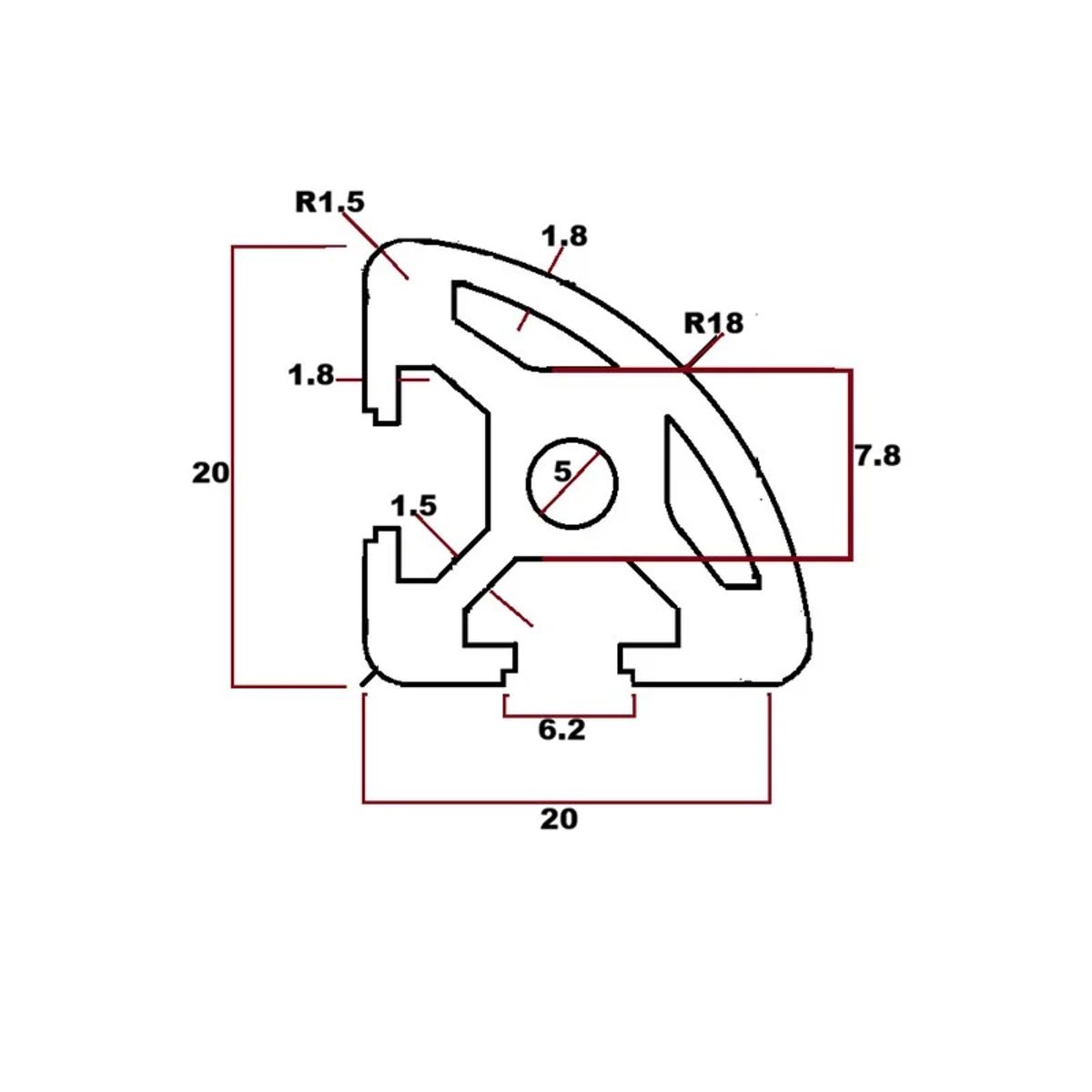 GENERICO - Perfil estructural semi circular aluminio Tslot 20x20x2000 mm