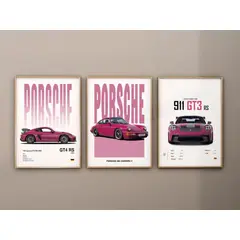 GENERICO - Cuadro Porsche 911 Rosa Set 3 Cuadros Autos Deportivos Decoración Automovilismo + Marco Negro