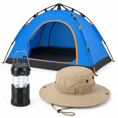 JEC - Kit Camping Carpa 4 Personas + Linterna Solar + Boonie