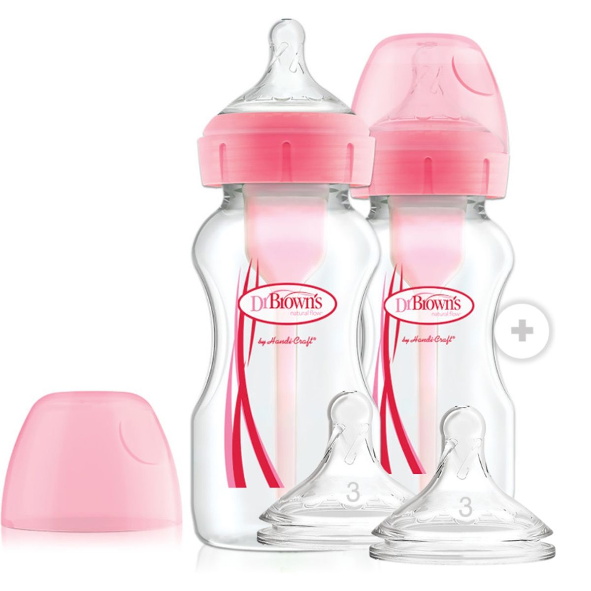 DR BROWNS - Pack 2 Mamaderas Boca Ancha Options+  270 Ml Rosada + 2 Tetinas 6M+ Dr Browns