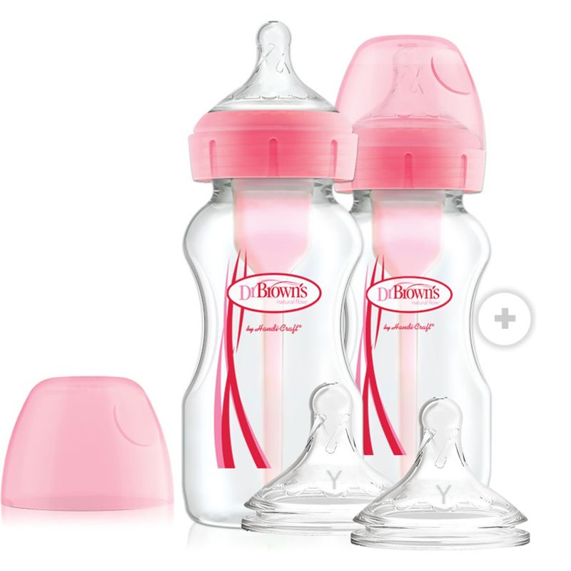 DR BROWNS - Pack 2 Mamaderas Boca Ancha Options+  270 Ml Rosada + 2 Tetinas 9M+  Dr Browns