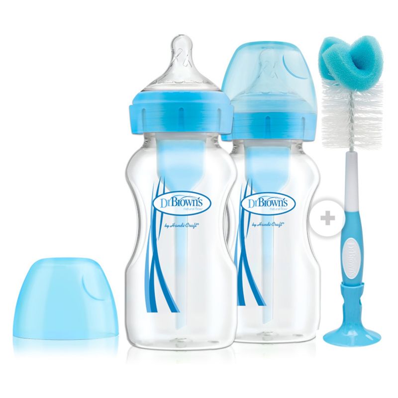 DR BROWNS - Pack 2 Mamaderas Boca Ancha Options+ 270Ml Azul + Cepillo Dr Browns