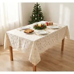 GENERICO - Mantel Navideño Rectangular 140 x 220 cm - Marfil Copos Dorados