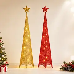 GENERICO - Árbol de Navidad Decorativo 150 cm con Estrella Pirámide Luces LED Dorado