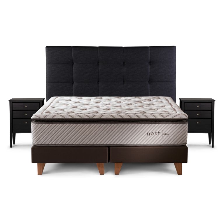 Cama Europea Nest 2 Plazas x 2.00mt Base Dividida + Respaldo + 2 Veladores