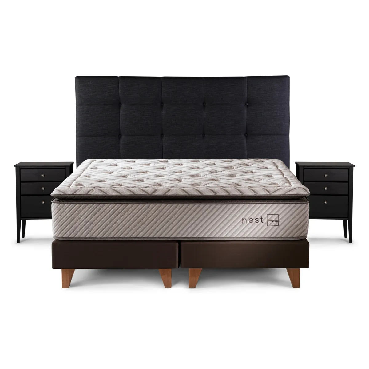 ROSEN - Cama Europea Nest 2 Plazas x 2.00mt Base Dividida + Respaldo + 2 Veladores Rosen