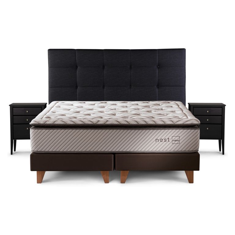 Cama Europea Nest King x 2.00mt Base Dividida + Respaldo + 2 Veladores