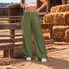 HERIEL - Pantalón Palazzo Lino Verano Con Cinturón Tiro Alto Wide Leg Pretina Elasticada