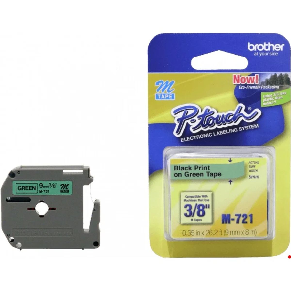 BROTHER - M721 BROTHER Cinta de 9mm Impresión Negra sobre Base Verde rollo 8mt compatible con PT-90