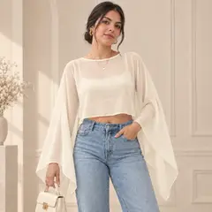 ACCESORIA - Blusa Mujer Tul Transparente Manga Acampanada Elegante Fiesta