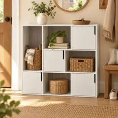 GENERICO - Librero Organizador Moderno 4 Puertas 4 Nichos Abiertos Blanco Compacto 90x24x80cm