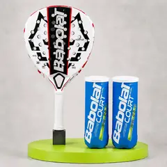 BABOLAT - SUPER PACK PALA DE PADEL TECHNICAL VERTUO JUAN LEBRON + 2 TARROS DE PELOTAS COURT