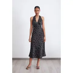 NICOPOLY - Vestido Tipo Satín Puntos Negro