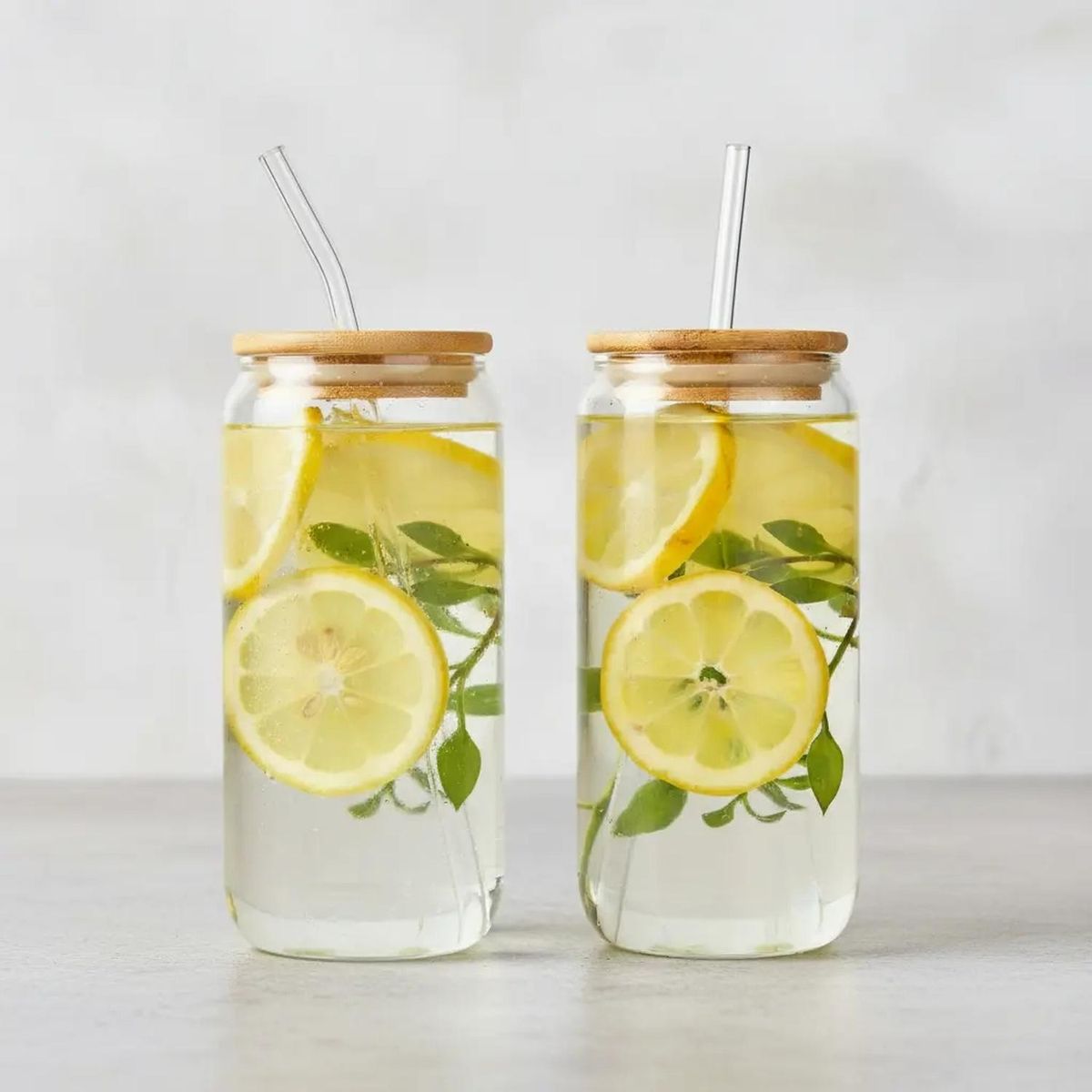 VITRINEON CL - Vaso Vidrio Bombilla Tapa Bambu Decorativos Hogar Bebidas