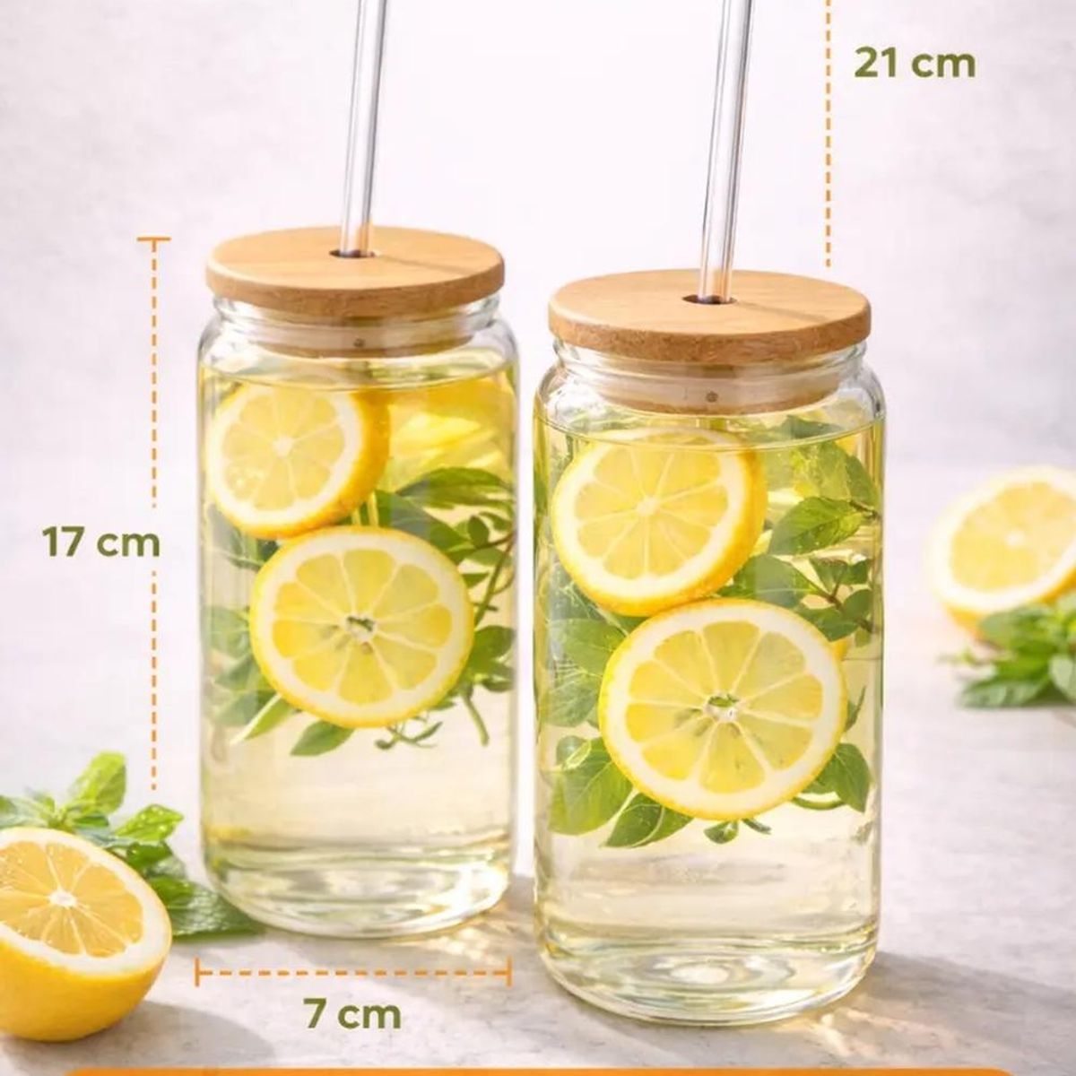 VITRINEON CL - Vaso Vidrio Bombilla Tapa Bambu Decorativos Hogar Bebidas