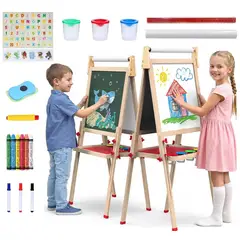 EVERSO - Pizarra Magnética Infantil 2 en 1 de Madera Doble Cara con Rollo de Papel y Accesorios