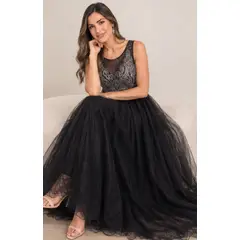 GENERAL - Vestido Largo Gala Negro Con Brillo Plata - Fiesta Graduación Noche