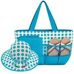 IRM - Bolso De Playa Con Sombrero Chalas Y Tapete Set Playero Mujer Color Celeste