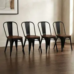 NOVAHUS - Pack 4 Sillas Tolix Asiento Madera Negras Comedor Terraza