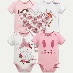 TEDMIMAK - Pack 5 Bodys Manga Corta 100% Algodón Bebé Niña Pink Bunny