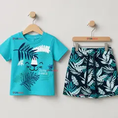 TEDMIMAK - Conjunto 2 Piezas Camiseta y Short 100% Algodón Bebé Niño Tropical Blue
