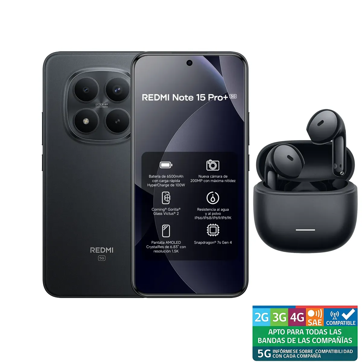 XIAOMI - REDMI Note 15 Pro+ 5G Negro 8GB + 256GB+REDMI Buds 8 Active Negro