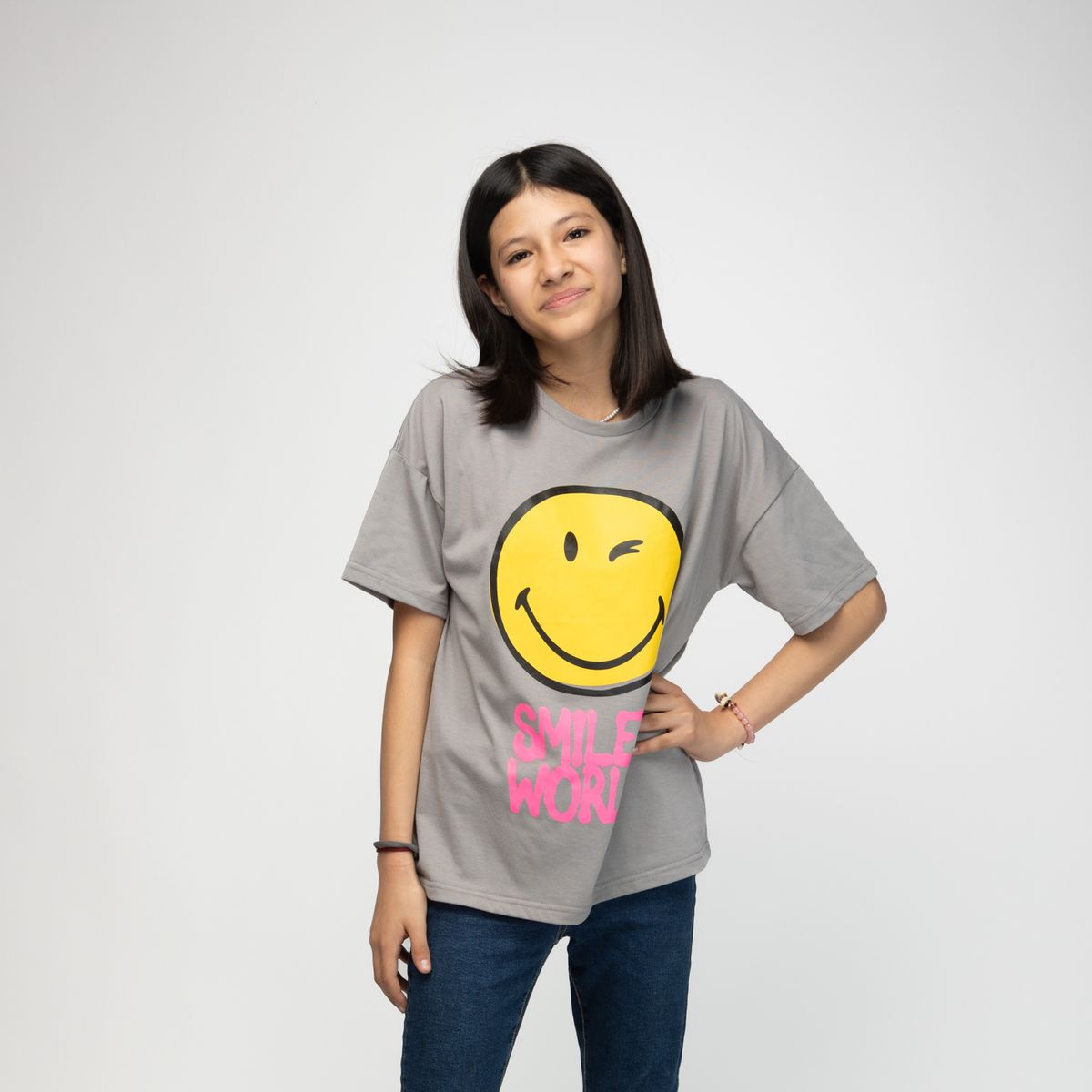 SMILEY - Polera Niña Smiley World Gris Smiley
