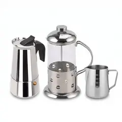 GENERICO - Set Barista Moka 4 Tazas, Prensa Francesa y Jarra Espumadora