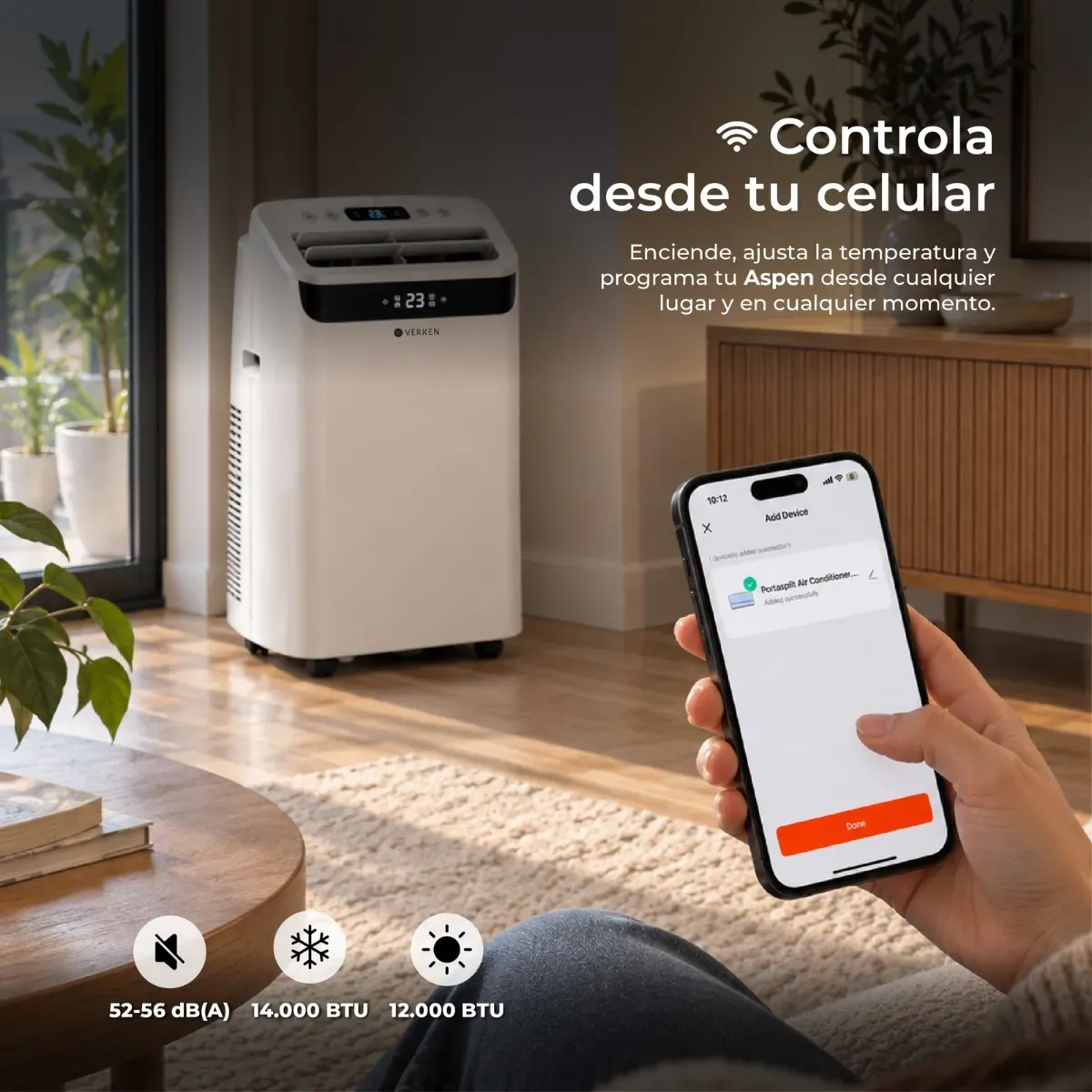 VERKEN - Aire Acondicionado Portátil Inverter 4 en 1 - 14.000 BTU Frío Calor Wifi Aspen