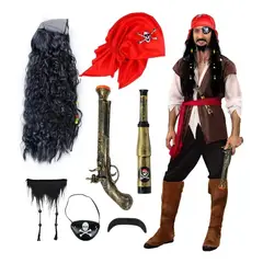 GIOIO - Disfraz De Pirata Adultos Conjunto De Accesorios Peluca Con Sombrero Calavera Parche De Ojo Telescopio Pistola Para Halloween Carnaval