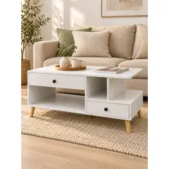GENERICO - Mesa de Centro Blanca con 2 Cajones, Nichos Abiertos y Patas de Madera 100x48x45 cm